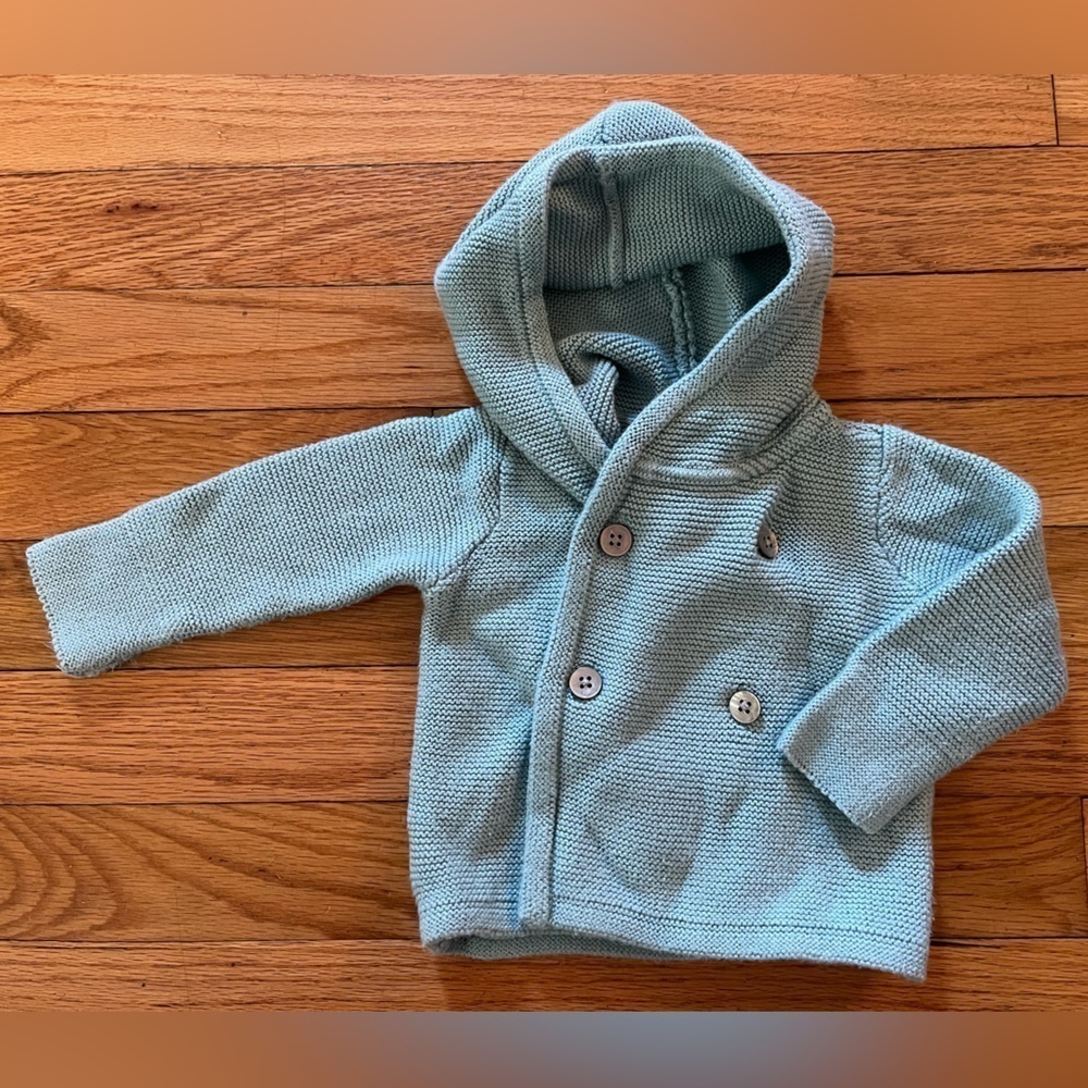 Tea | light blue Pima cotton Hooded Cardigan | baby 6-12 mo